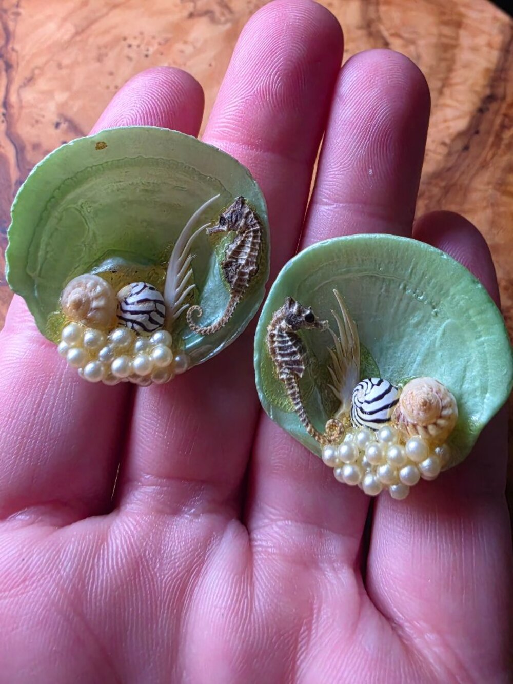 Vintage (1950s-60s) Seashell Earrings with Real Seahorses and Pearls